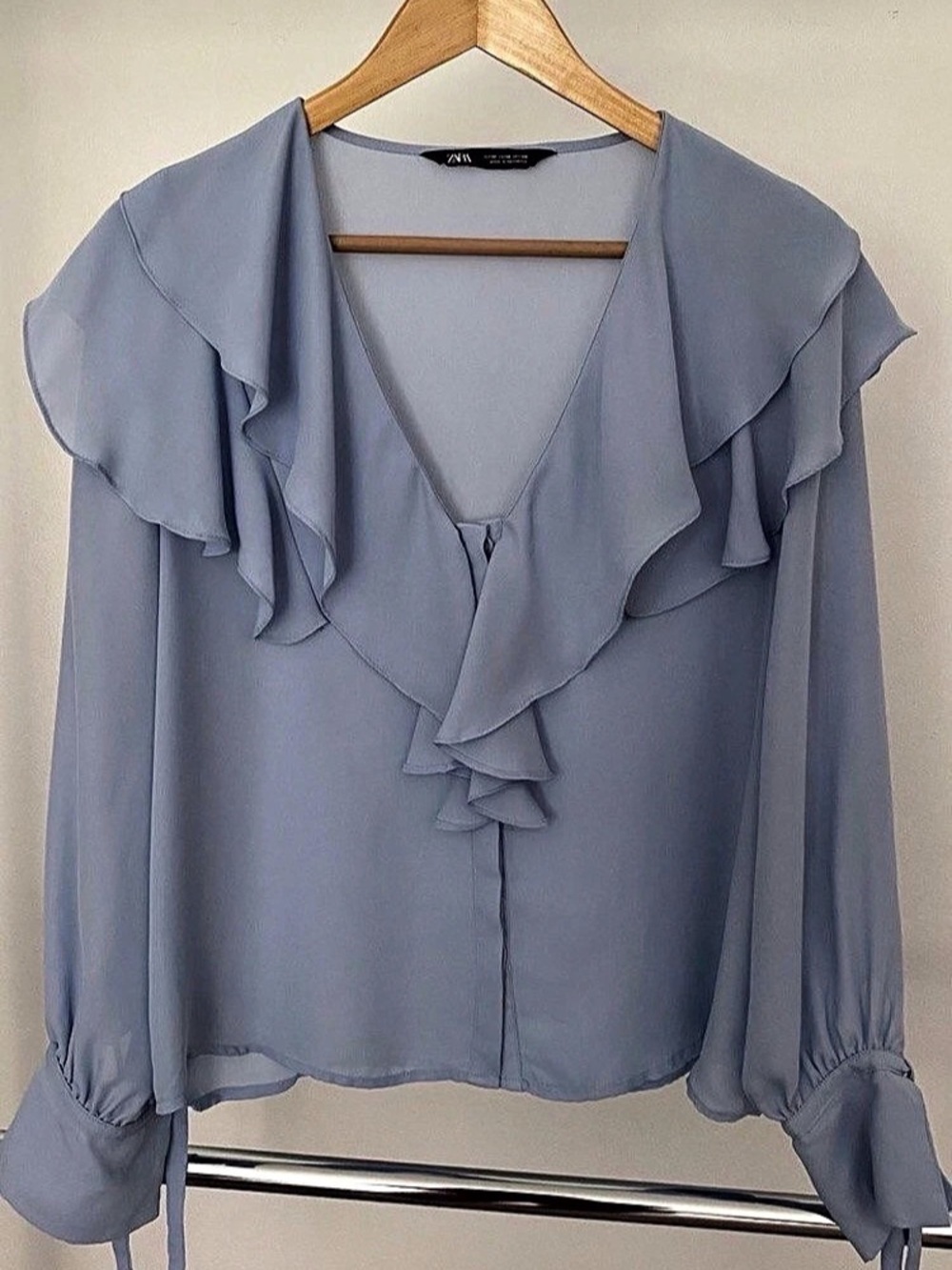 Zara Ruffle Neck Blouse in Blue